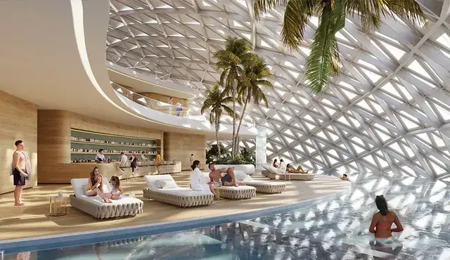 Pool deck beneath the lattice canopy at Elan The Emperor