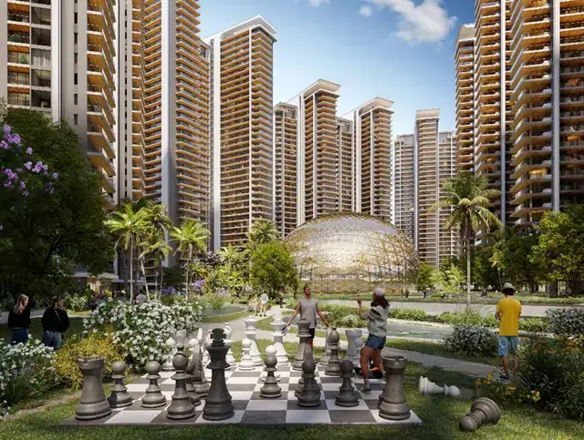 Giant chess garden and clubhouse dome amid the towers of Elan The Emperor