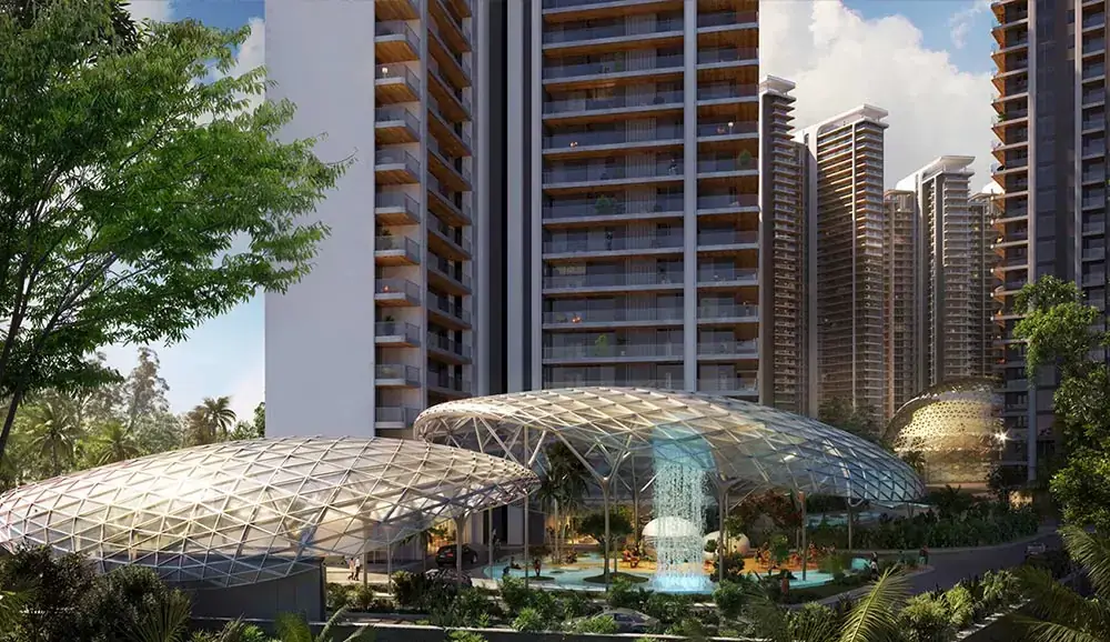 Twin glass domes and podium greens at Elan The Emperor