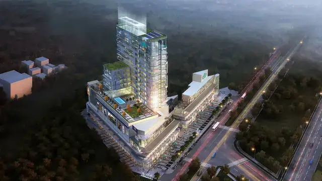 Elan Mercado – aerial view showing the tower, podium terrace pool and highway frontage (artist's impression)