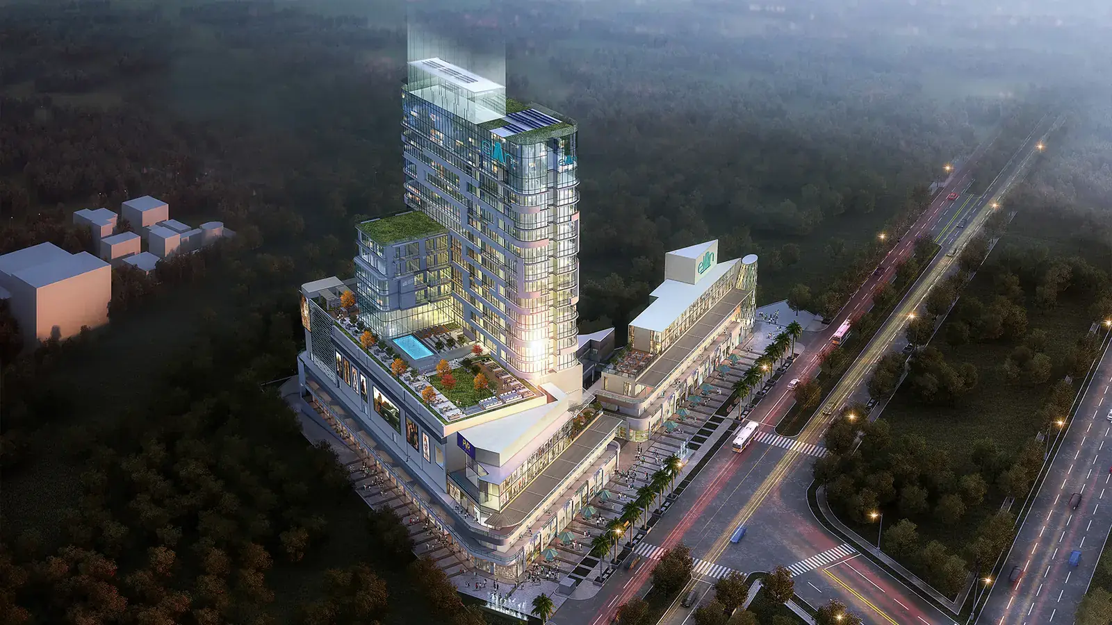 Elan Mercado – aerial view showing the tower, podium terrace pool and highway frontage (artist's impression)