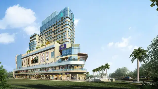 Elan Mercado – daytime corner elevation of the retail podium and tower (artist's impression)