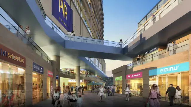 Elan Mercado – high-street retail lane with skybridge below the PVR Cinemas sign (artist's impression)