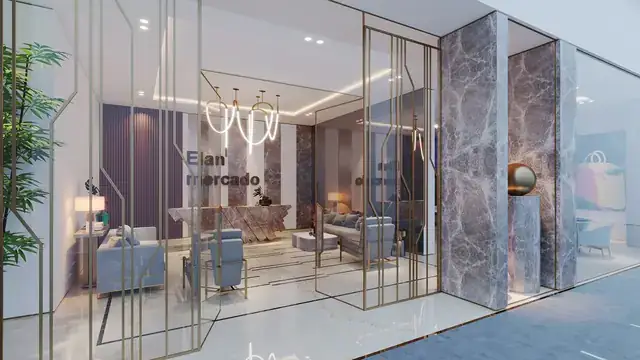 Elan Mercado – service apartment reception lounge with Elan Mercado signage (artist's impression)