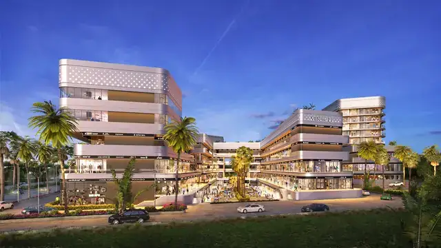 Elan Miracle – evening elevation from the road showing shopfronts, terraces and the service apartment block (artist's impression)