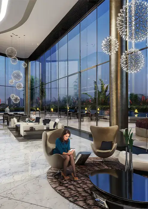 Elan Miracle – double-height service apartment lounge with glass walls (artist's impression)
