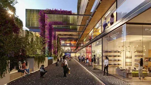 Elan Paradise high-street lane with bougainvillea arches and shopfronts