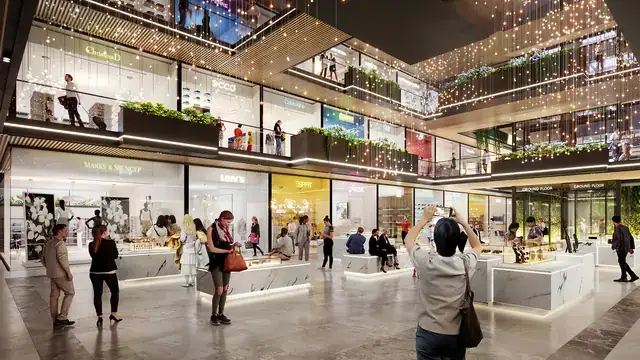 Elan Paradise double-height retail atrium with kiosks and shopfronts