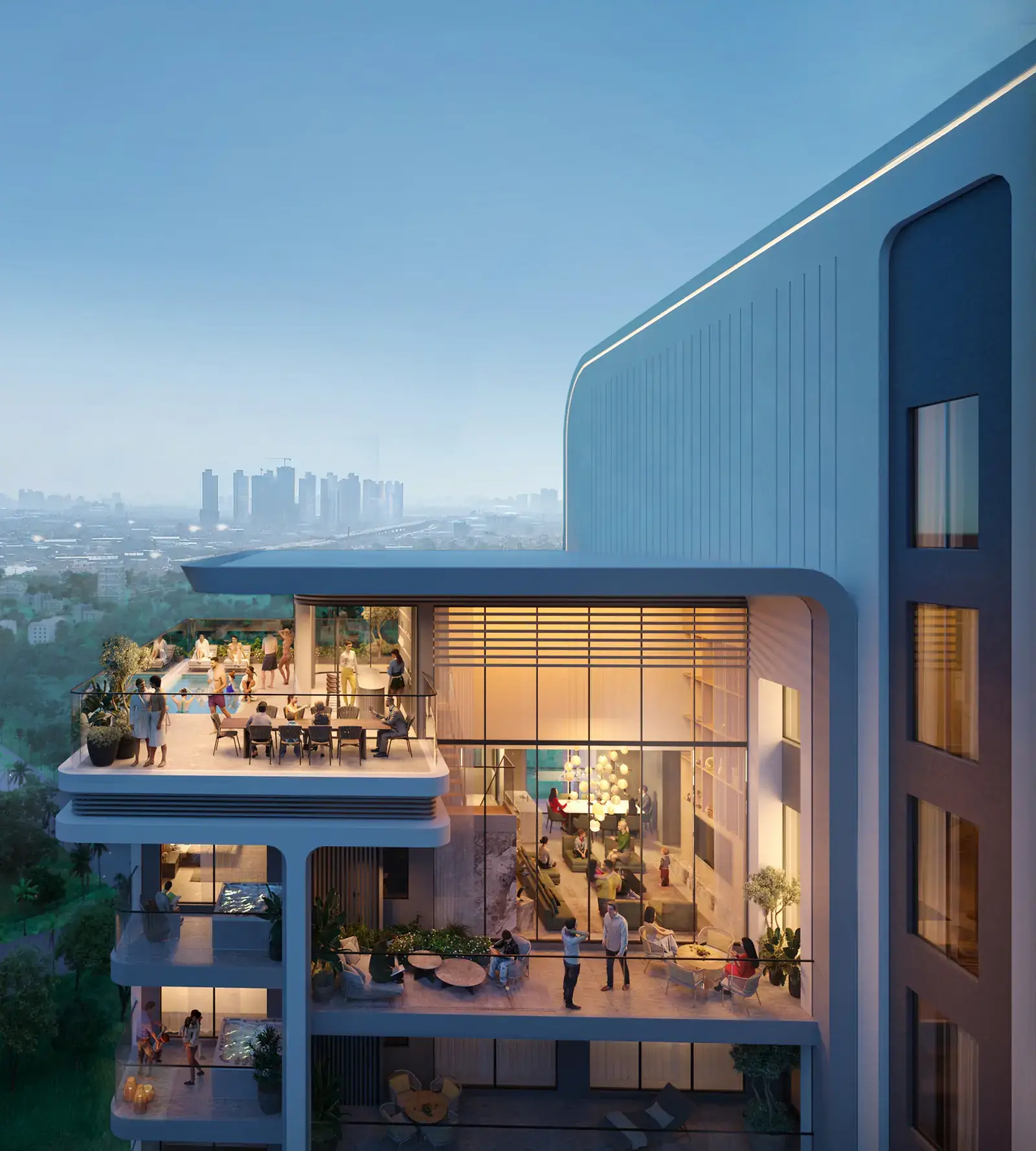 Penthouse terrace with private pool at Elan The Presidential at dusk