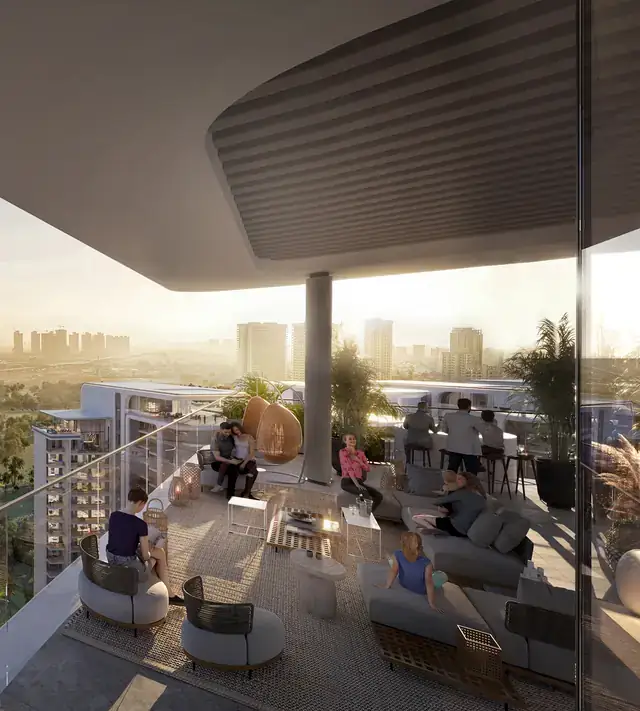 Rooftop terrace lounge overlooking Gurugram at Elan The Presidential