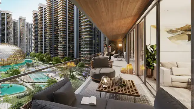 Balcony view over the central greens and pools at Elan The Presidential