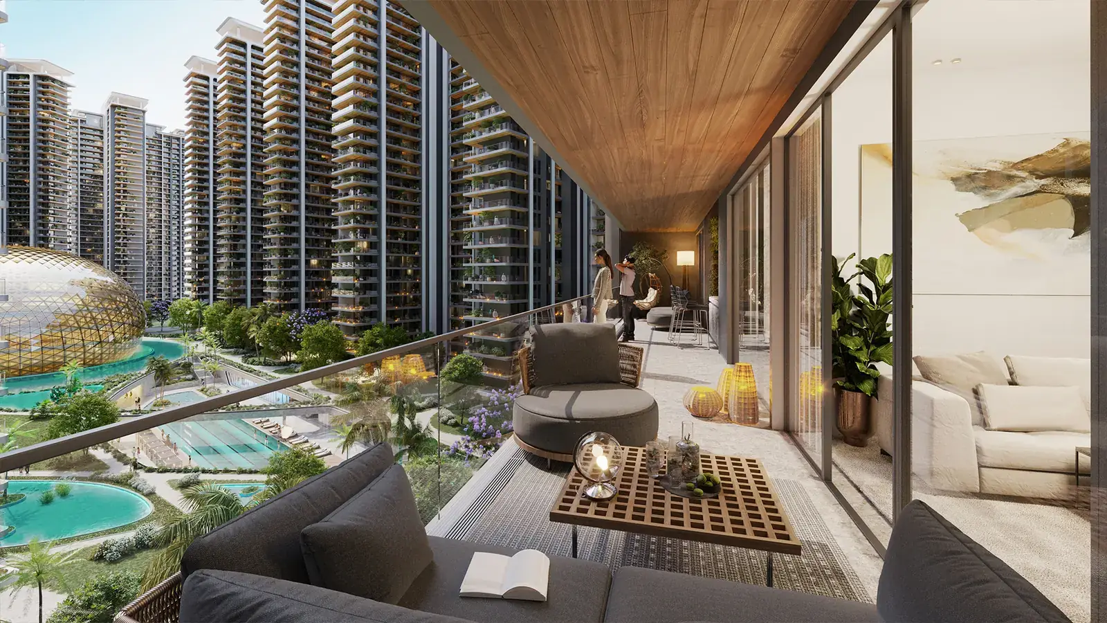 Balcony view over the central greens and pools at Elan The Presidential, Sector 106
