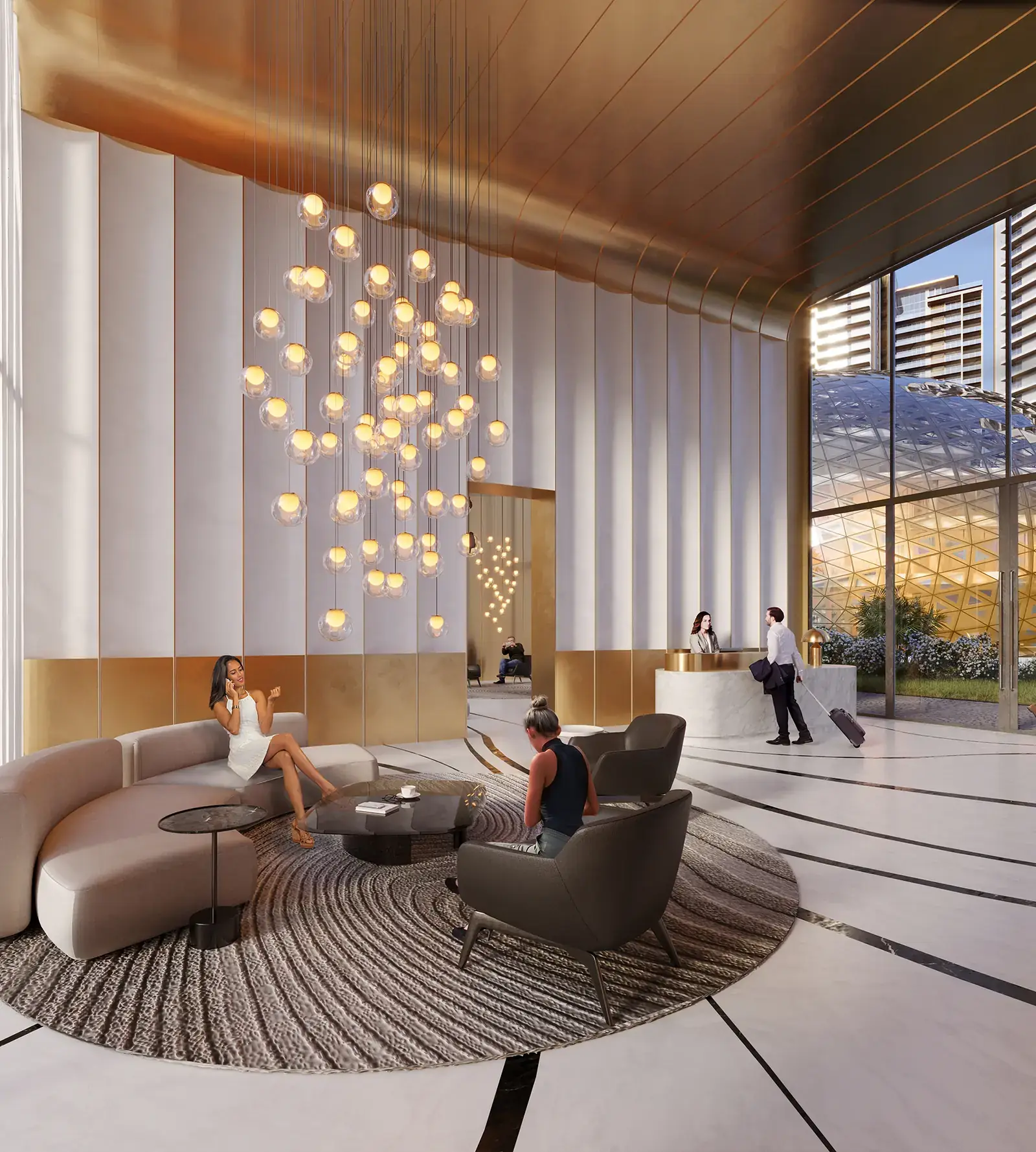 Lobby lounge with chandelier at Elan The Presidential