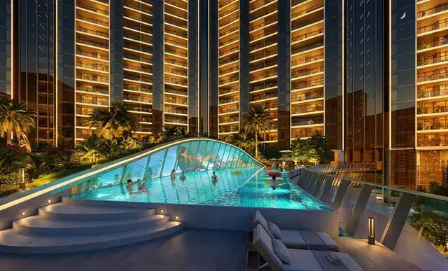 Heated glass-walled infinity pool between the towers at Elan The Statement