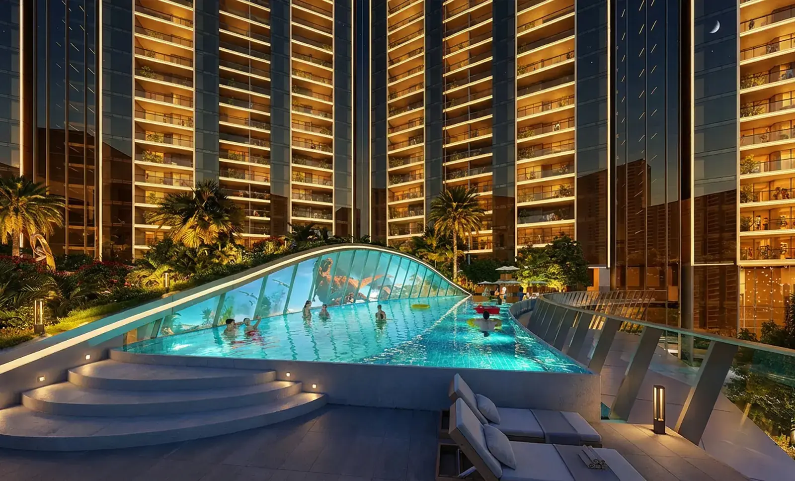 Heated glass-walled infinity pool between the towers at Elan The Statement